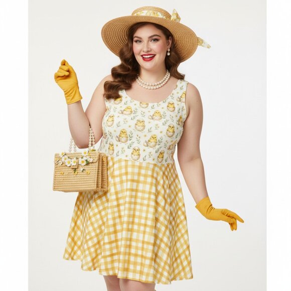 Plus Size Yellow Gingham 1950s Chick Swing Dress - Picture 3 of 9